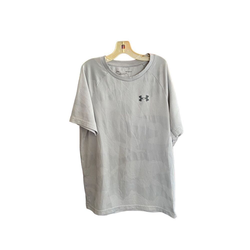 Under armor boys, gray camo, print, short sleeve, shirt, size large